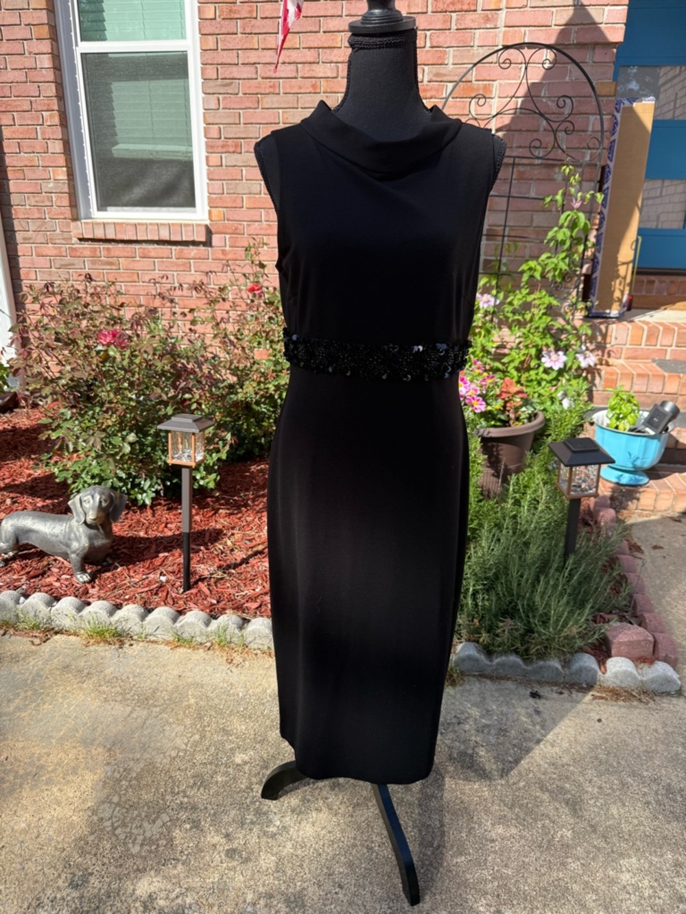 Maggy London Black Sleeveless Midi Dress with Beaded Waist